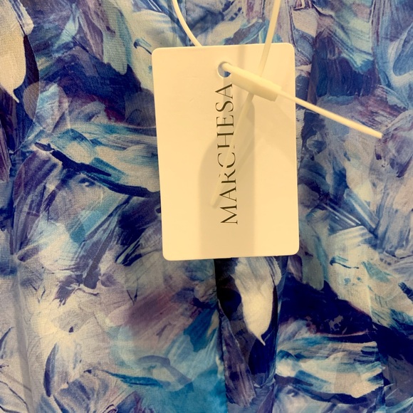 Marchesa Notte I NWT I Blue Midi Long-Sleeve Watercolor Floral Dress - Picture 5 of 6